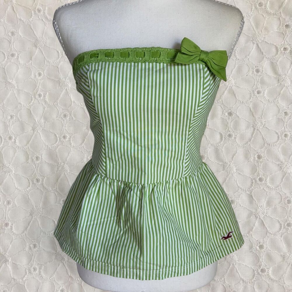 Vintage Y2K Hollister Green Babydoll Tube Top Blouse with Peplum Hem
